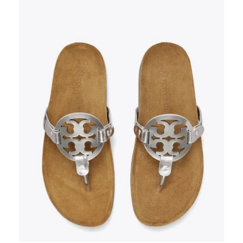 Tory Burch Miller Cloud Calf Leather Sandal Silver Sz 10 EUC Logo Medallion